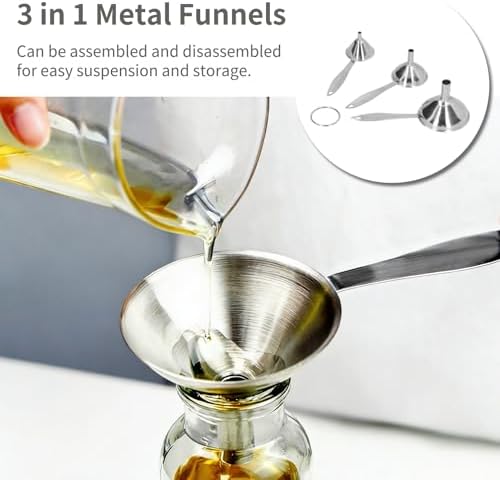 3 in 1 Metal Funnels, Mini Stainless Steel Funnel Set Small Kitchen Oil Funnel with Long Handle and Ring for Spice, Essential Oils
