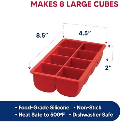 HIC Kitchen Big Block Silicone Ice Cube Tray, European-Grade, Non-Stick, Makes 8 Large Ice Cubes