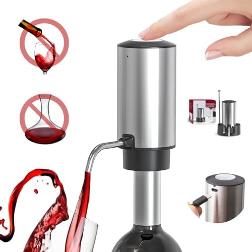 Electric Wine Decanter Automatic Wine Aerator Dispenser Pourer, USB-C Rechargeable Storage Base Stainless Steel Tube One-Touch Pump for All Btls, Aérateur Distributeur de Vin Électrique