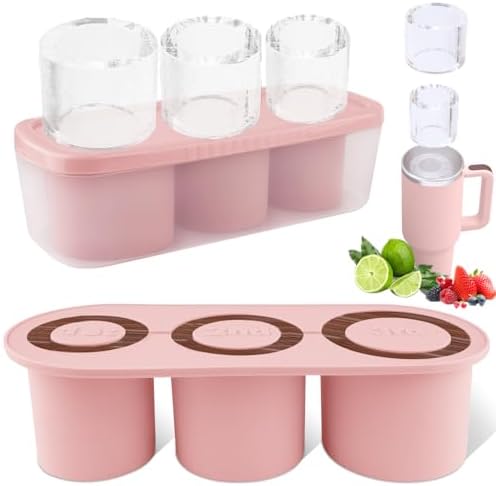 Fu Store Ice Cube Tray for Tumbler Cup 30-40 oz Tumbler 3pcs Silicone Ice Cube Molds With Lid and Bin for Chilling Cocktails Whiskey Drinks Juice Coffee Easy Fill and Release Ice Maker (Pink，40 oz)