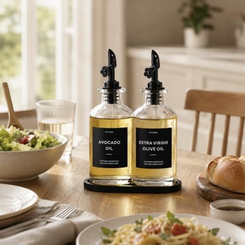 Olive Oil Dispenser for Kitchen, 2-Pack 12oz Glass Bottle with Labels