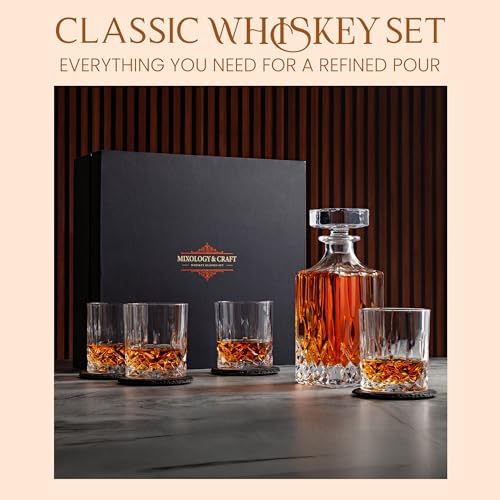 Mixology & Craft Luxury Whiskey Decanter Gift Set - 25oz Crystal Decanter, 4 Old-Fashioned Glasses, 4 Slate Coasters with Diamond Pattern Premium Black Gift Box