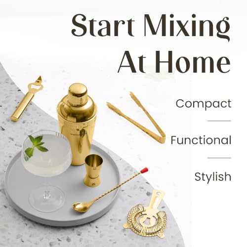 Modern Mixology Cocktail Shaker Set - Bartender Kit with Pine Stand | Leak-Proof Design | Includes Martini Shaker, Jigger, Strainer, Spoon, Tongs | Perfect Bar Tools Gift for Home Mixology (Gold)