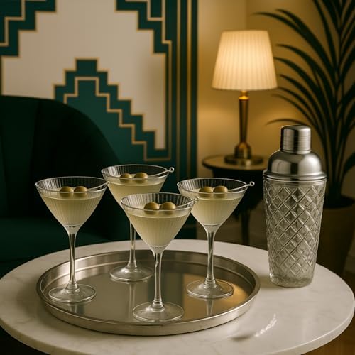 VEMACITY Silver Cocktail Shaker Set + 2 Ribbed Martini Glasses & Bar Tools