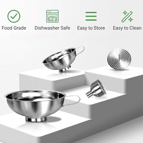7-Piece Stainless Steel Canning Funnel Kit – Wide Mouth Mason Jar Funnels with 100/200 Mesh Strainers, Removable Filter Tip & Sponge Brushes