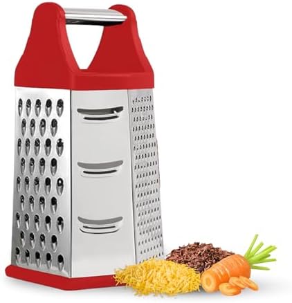 Stainless Steel Cheese Grater with Container - 6-in-1 Nonstick Box Grater w/ 6 Sides - Versatile Cheese Grater with Handle - Use as Cheese Shredder Box,Vegetable Grater, Food Graters for Kitchen (Red)