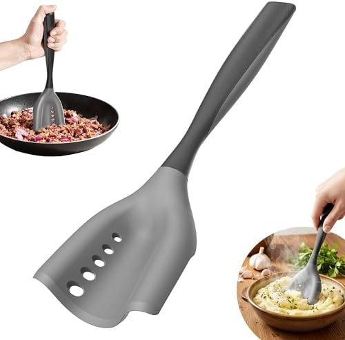 2-in-1 Mincing Spatula Meat Chopper & Potato Masher, Premium Heat Resistant Ground Beef Smasher Hamburger Grinder with Perforated Design, Silicone Non-Stick for Cooking - Black
