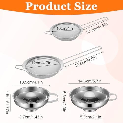 Kenaoeoe 4 PCS Stainless Steel Canning Funnel and Can Strainer Set Wide and Regular Mouth Kitchen Funnels with Fine Mesh Strainers for Kitchen Use