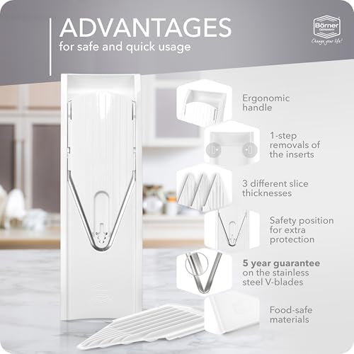 Borner Mandoline Food Slicer V1 (Basic Set) by Reston Lloyd • V-Slicer with Food Holder • Made in Germany • Fruit & Vegetable Chopper • Multiple Settings • Color: White