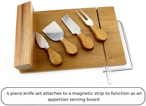 Cheese Slicer (11.7” x 9” x 3”) - Acacia Wood Board Cheese Cutter with Wire - 4 Magnetic Cheese Knife Set w/ Anti-Slip Board - Stainless Steel Cheese Slicers for Block Cheese w/ Replacement Wire