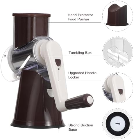Cambom Rotary Cheese Grater Hand Crank Cheese Shredder for Fresh Cheese, Vegetable, Nuts,Non-slip Suction Base, Three Blades, Coffe Color