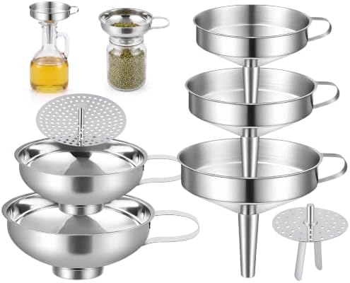 2 Sets Kitchen Stainless Steel Funnel Set Filter Funnel Wide Mouth and Narrow Mouth Each with Removable Fine Mesh Strainer Food Grade Cooking Kitchen with Handles for Liquids Jars Bottles