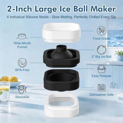 Ice Ball Maker Mold with Lid - 4 Pack, 2 Inch Round Freezer Tray, Black