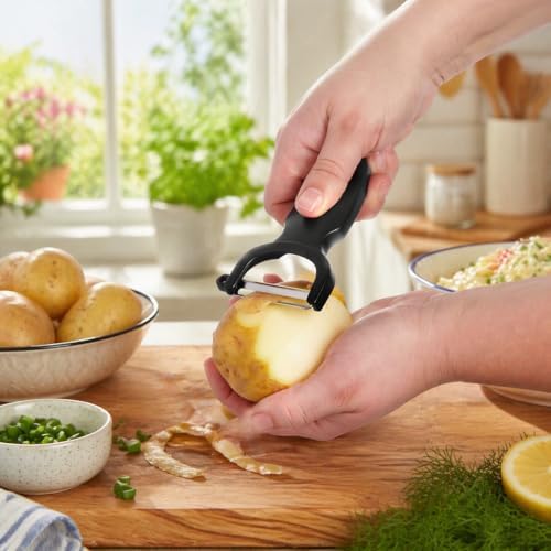 CatCora Swiss-Style Peeler, Professional German Tempered Stainless Steel Blade For Peeling Fruits and Vegetables and Garnishing, Ergonomic Contoured Handle, Black