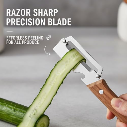 Premium Vegetable Peeler with Wooden Handle & Bottle Opener, Ultra-Sharp Stainless Steel Potato Peeler, Ergonomic Kitchen Peeler for Fruits Vegetables, Julienne Peeler (3)