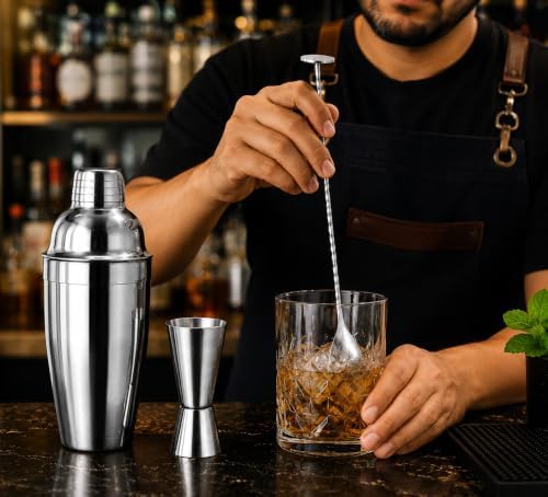 Dynore Stainless Steel 3 Pcs Professional Barware Set- Cocktail Shaker 750, 30/60 Peg Measure and Mixing Stirrer