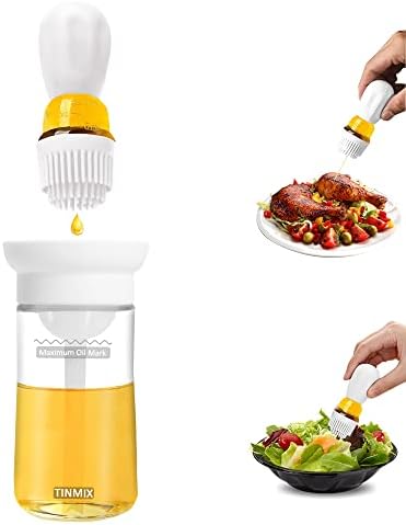 Oil Dispenser with Brush - 2 IN 1 Glass Olive Oil Dispenser for Cooking, Upgrade T-OB21S Oil Dispensing Bottle with Silicone Basting Brush for Vinegar Sauce BBQ Grill Frying Kitchen, White