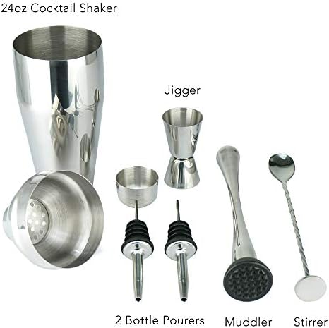 PG Professional Bartender Kit - 6PC Premium Cocktail Stainless Steel Shaker Set - 24oz Martini Shaker Gloss Finish, with Muddler, Stirring Spoon, 2X Wine Pourer, and Double Jigger
