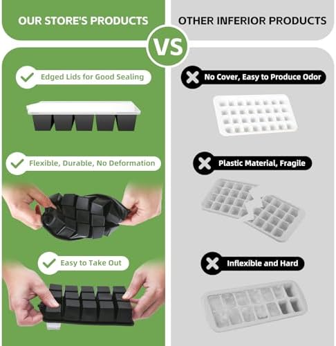 FANYITY Silicone Ice Cube Tray with Lid, Black, Pack of 4 Ice Cube Moulds, Silicone Mould, BPA-Free, Stackable Ice Cube Tray, Ice Cube Trays for Baby Porridge, Cocktail, Whiskey, Coffee