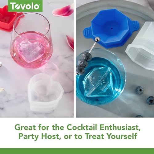 Tovolo Heart and Diamond Ice Cube Molds Set of 4 Large Craft Ice Molds for Whiskey Bourbon Cocktails, Easy Fill Stackable Silicone Ice Cube Trays with Leak Proof Lids Dishwasher Safe BPA Free