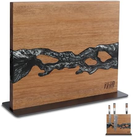 FINDKING Magnetic Knife Block, Double-Sided Knife Holder with Strong Magnets, Acacia Wood and Black White Resin, Countertop Kitchen Knife Storage Stand (12 × 10 Inches, Without Knives)