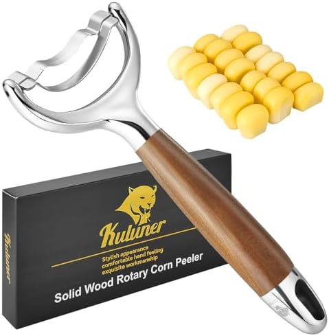 KULUNER Stainless Steel Corn Stripper Tool - Burma Teak Wood Handle, Rust-Resistant Polished Blade, Easy Clean Corn Cob Remover for Salad, Salsa, Party (Burma Teak)