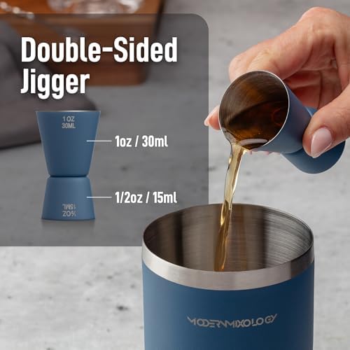 Modern Mixology 24oz Matte Blue Cocktail Shaker Set – Bartender Essentials with Built-In Strainer, Cap, Jigger for Martini, Margarita, More – Luxury Drink Mixer Kit for Bar, Gift for Men and Women