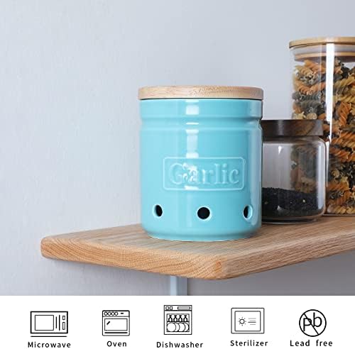 ONTUBE Garlic Keeper with Wooden Lid, 4.5-Inch Ceramic Garlic Holder 24oz (Turquoise)