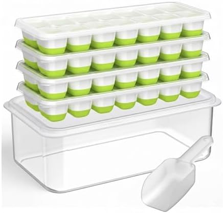 Ice Cube Trays with Lid and Bin, 4 Pack Silicone Ice Cube Tray for Freezer, Stackable Ice Storage Container with Scoop, for Drinks, Coffee, Cocktail