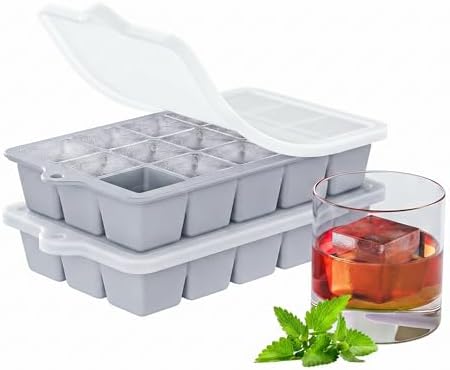 Silicone Ice Cube Tray 2 Pack - EASY RELEASE ice cube tray with lid, BPA Free Ice Cubes Trays for Freezer,ice cube mold for Cocktail,Whiskey (Grey)