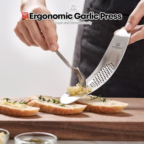 Wagensteiger Stainless Steel Curved Garlic Presser or Cheese Grater, Curved Pressing & Grating Motion, Minimalist Design, Stylish Kitchen Essentials 205mm x 48mm / 8.07 inches x 1.89 inches