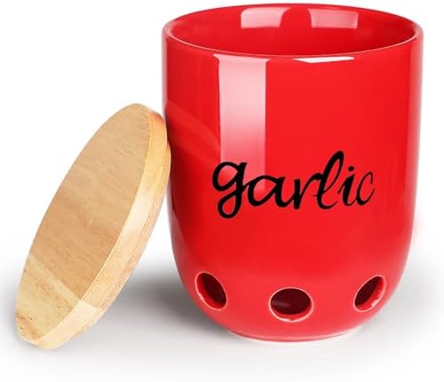 Ceramic Garlic Keeper for Counter with Wood Lid (Red)