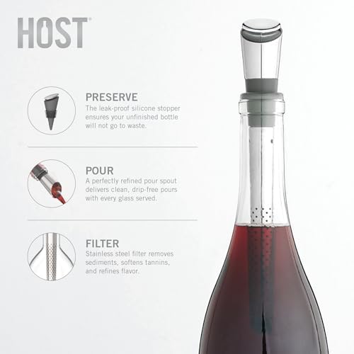 Host Wine Filter Pour Spout with Stopper, Stainless Steel Wine Purifier to Remove Histamines, Sulfite and Soften Tannins, Includes Stopper with Silicone Seal, Set of 1