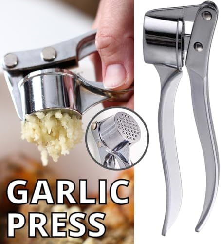 KESEM Metal Garlic Press, Manual Garlic Mincer Squeezer Chopper Garlic Crusher Masher Cutter Presser Kitchen Gadget Tool for Garlic Ginger and more, Small, Silver