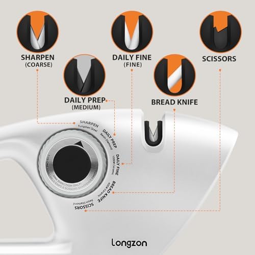 Longzon 6-in-1 Knife Sharpener 5 Stage with Cut-Resistant Glove,White+Gray