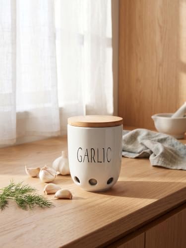 Ceramic Garlic Saver Container with Wood Lid (White)
