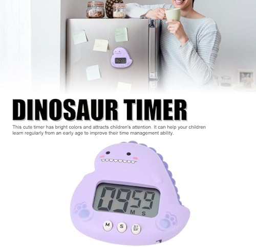 Digital Kitchen Timer with LCD Display, Cute Cartoon Dinosaur Design, Violet, Magnetic Back and Stand for Classroom, Home Study