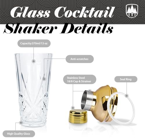 Glass Cocktail Shaker Set with Built-in Strainer - 14 ounces Martini & Margarita Mixer Bartender Tools for Whiskey, Beverages, Coffee, Durable Crystal clear Shaker Cup for Party, Home Bar & Gifts