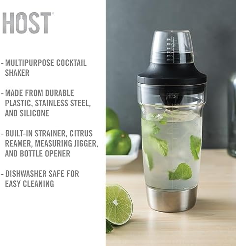 Host All in One Cocktail Shaker Set with Measurements, Reamer, Bottle Opener, Strainer and Jigger for Cold Brew Cocktails, Home Bar, Bartending, Camping, Picnic, Outdoor Party, On the Go, 18 oz