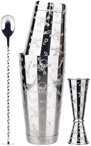 Boston Cocktail Shaker Etched Set, Jigger Spoon 17/24oz Skull