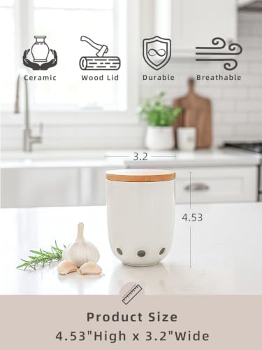 LEETOYI Ceramic Garlic Keeper for Counter, Garlic Holder with Wood Lid (White)