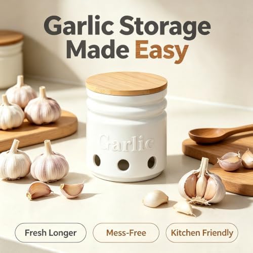 Garlic Keeper for Counter - Holder with Bamboo Lid, Container to Keep Your Garlic Cloves Fresh Longer,Large Ceramic Storage for Kitchen