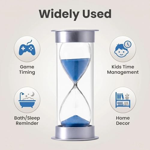 Hourglass Sand Timer 5 Minutes, Dual Protection Hour Glass with Sand, Sand Timer for Kids Safety, Sand Clock Watch, Creative Gift, Living Room Office Decorative (Silver Cover with Blue Sand)