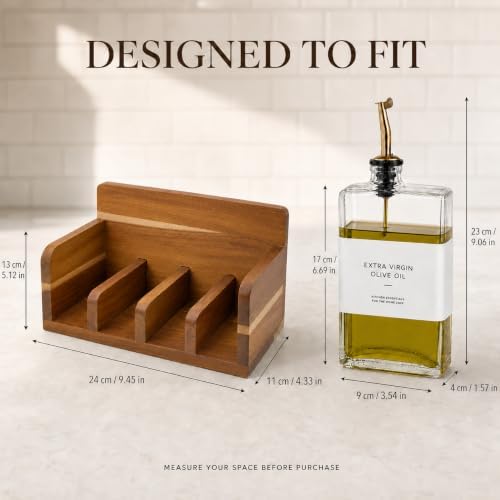 Oil and Vinegar Dispenser Set — 4 Glass Bottles with Open Bookshelf Acacia Wood Tray | 4 Pour Spouts, Silicone Funnel & Labels | Countertop Olive Oil Organizer for Kitchen (4, Clear, 12, ounces)
