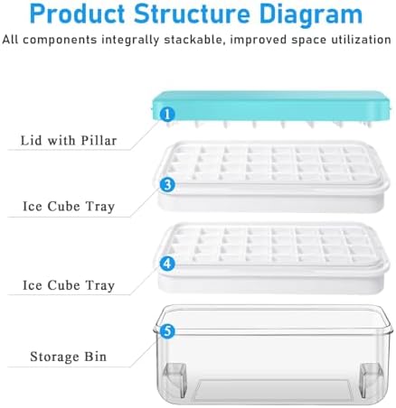 Ice Cube Tray with Lid and Bin, ZZWILLB 64 pcs Ice Trays for Freeze with 2 Trays, Ice Cube Pop Out Tray for Freezer, Ice Cube Molds, BPA Free, Easy Release Stackble Spill-Resistant (Blue)