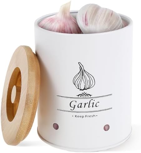 Garlic Keeper, Versatile Garlic Holder, Garlic Jar with Wood Lid, Ventilated Garlic Storage Container, Large Capacity Garlic Container for Kitchens (Style 2)