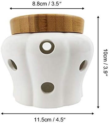 Ceramic Garlic Keeper with Bamboo Lid, 550 ml Vented White Stoneware Storage Container for Garlic, Ginger and Shallots, Countertop Kitchen Organizer