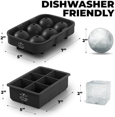 Zulay Kitchen Silicone Ice Cube Trays Set of 2 - Large Square Ice Cube Molds and Sphere Ice Ball Maker with Lid - Reusable Ice Mold For Whiskey, Cocktails, Bourbon (Black)