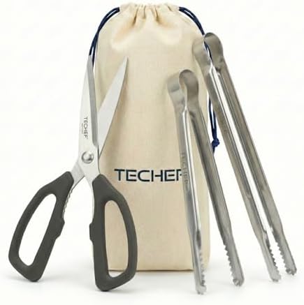 TECHEF Kitchen Shears With 2 Stainless Steel Tongs & Travel Bag, Dishwasher Safe, 4-Piece Complete Set, Made in Korea (Scissors & Tongs Set)
