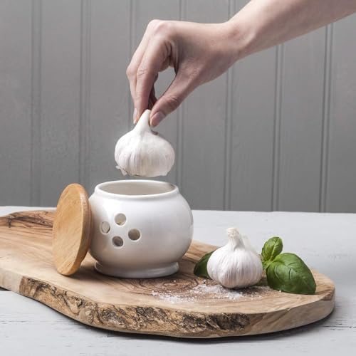 WM Bartleet & Sons 1750 Traditional Porcelain Garlic Storage Pot with Wooden Lid 10cm – White, One Size